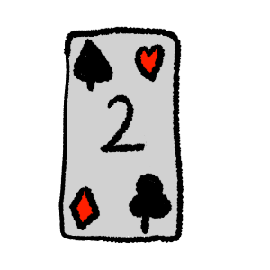 black outlines, a card with a black spade in the top left corner, red heart in the top right, red diamond in the bottom left, black club in the bottom right and a black 2 in the middle